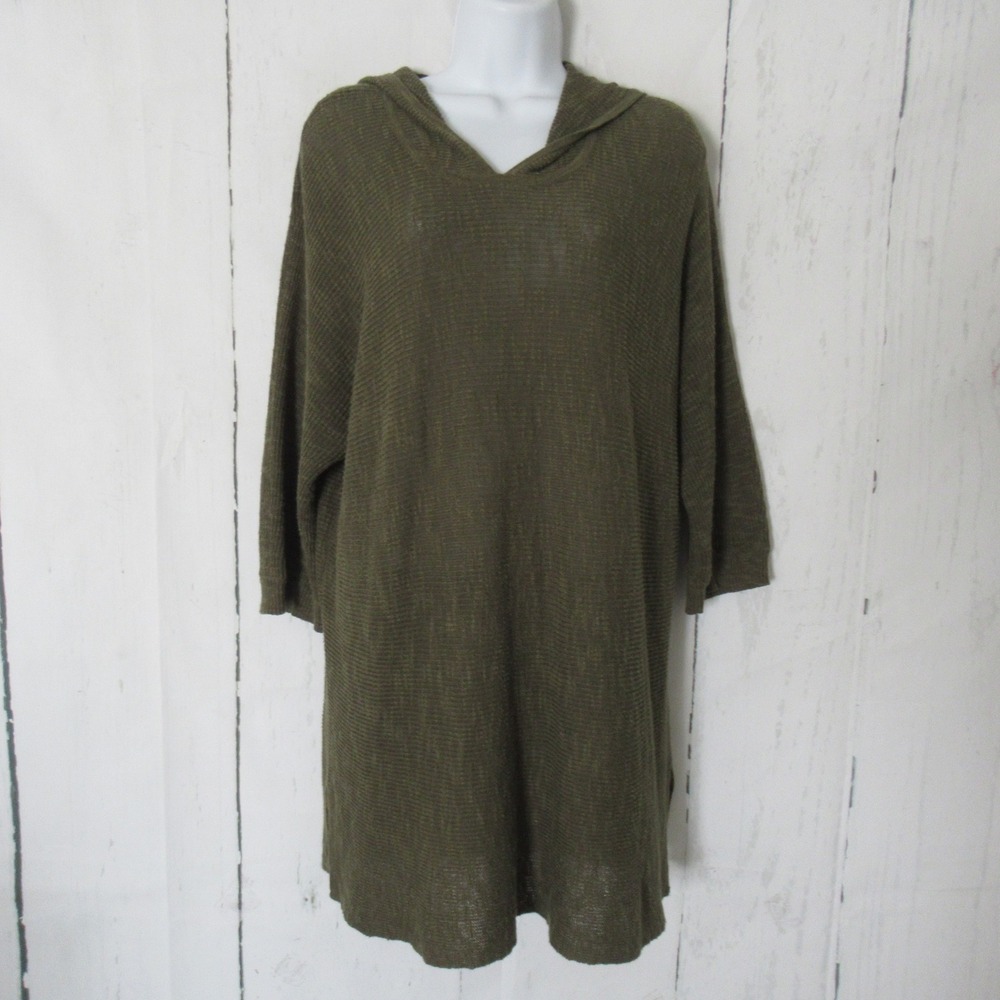 Eileen Fisher Sweater L Olive Green Pullover Tunic Hooded Organic Cotton Linen